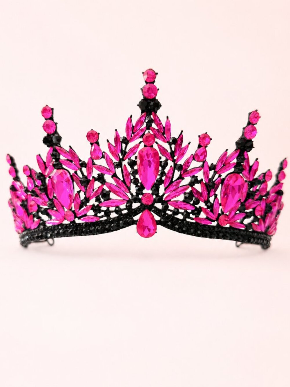 Hot Pink Rhinestone Headpiece, Gothic Fuchsia Crystal Tiara, Black Crown